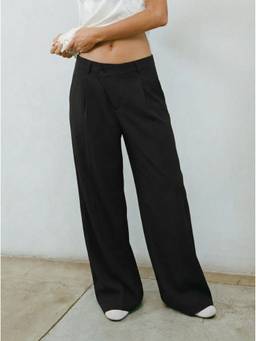 Cider - Striped Asymmetrical Women Mid-Waist Straight-Leg Trousers Black