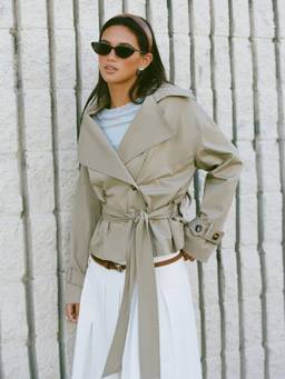 Cider - Cotton Blend Women Belted Collar Crop Windcheater Khaki