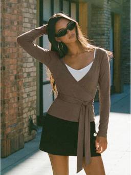 Cider - Wrap Tie Women's V-Neck Full Sleeve Top Camel