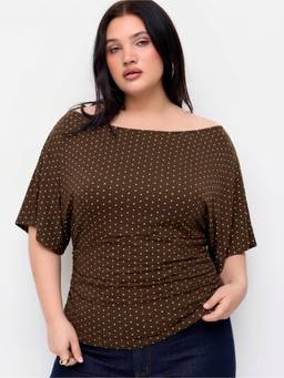 Cider - Polka Dot Women Tie-Back Boat Neck Batwing Sleeve Top Brown