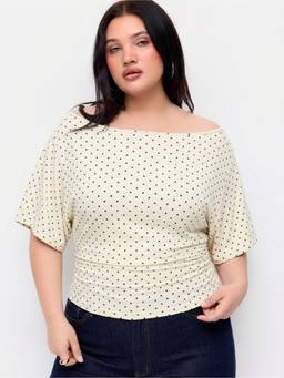 Cider - Polka Dot Women's Tie-Back Boat Neck Batwing Sleeve Top Cream