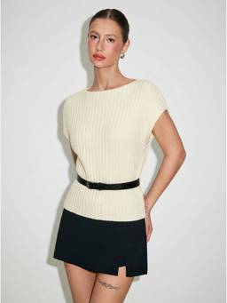 Cider - Knit Women's Ribbed Boat Neck Belted Top Cream