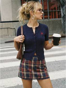 Cider - Cable Knit Women Cherry Embroidery Button-Up Cardigan Navy Blue