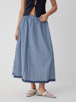 Cider - Gingham Lace Trim Women High-Waist A-Line Maxi Skirt Blue