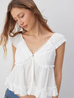 Cider - Cotton Blend Women’s Broderie Anglaise V-Neck Blouse White