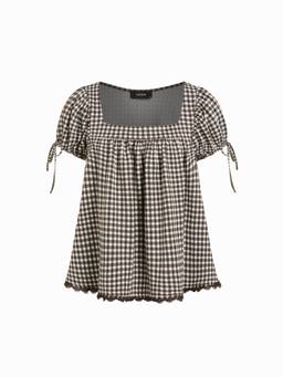 Cider - Plaid Women's Square Neck Puff Sleeve Blouse Brown