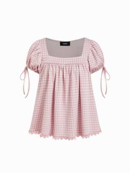 Cider - Plaid Women's Puff Sleeve Square Neck Blouse Pink