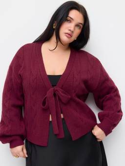 Cider - Cable Knit Women V-Neck Knotted Cardigan Wine