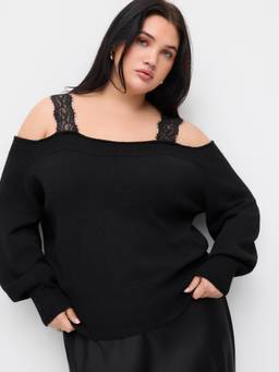 Cider - Lace Off-Shoulder Women's Oversized Pullover Sweater Black