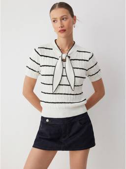 Cider - Cable Knit Women Striped Tie-Up Neck Top White
