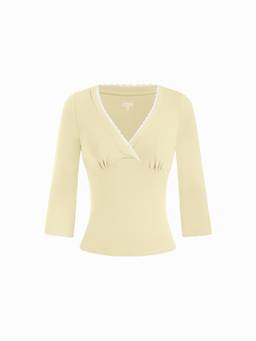 Cider - Viscose-Blend Women Lace Trim V-Neck 3/4 Sleeve Top Light Yellow