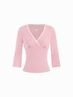 Cider - Viscose-Blend Women V-Neck Lace Panel 3/4 Sleeve Top Pink