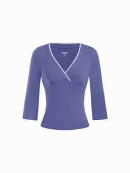 Cider - Viscose-Blend Women V-Neck Lace Trim 3/4 Sleeve Tee Blue