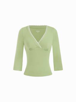 Cider - Viscose-Blend Women Lace Trim V-Neck 3/4 Sleeve Top Green