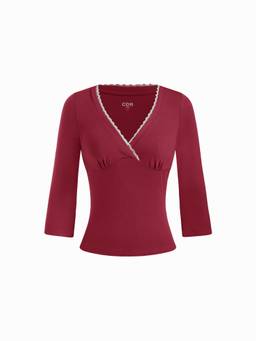 Cider - Viscose-Blend Women's V-Neck Lace Trim 3/4 Sleeve Top Wine