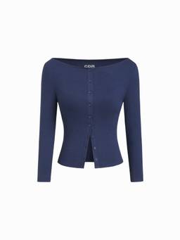Cider - Button-Front Women’s Boat Neck 3/4 Sleeve Top Navy Blue