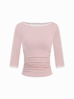 Cider - Lace Panel Women's Ruched Boat Neck Tee Pink