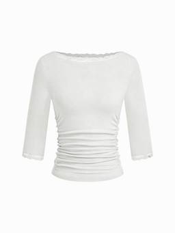 Cider - Lace Panel Women's Ruched Boat Neck Mid Sleeve Top White