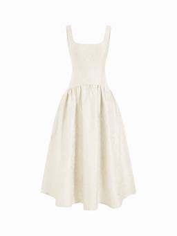 Cider - Jacquard Women's Square Neck Lace-Up Ruffled Flared Maxi Dress Cream