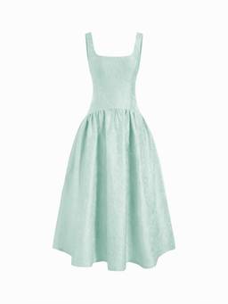 Cider - Jacquard Sculptural Women's Square Neck Lace-Up Flared Maxi Dress Green