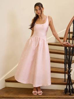 Cider - Jacquard Women's Square Neck Lace-Up Flared Maxi Dress Pink