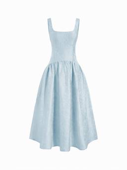 Cider - Jacquard Women's Square Neck Lace-Up Ruffled Flared Maxi Dress Blue