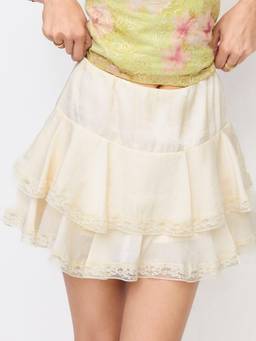 Cider - Layered Lace Trim Women Satin Mid Rise Mini Skirt Beige