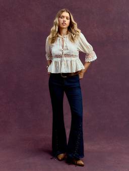 Cider - Lace Beaded Women's Puff Sleeve Blouse Cream