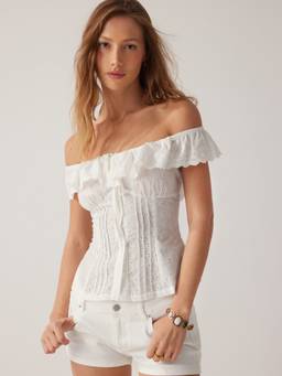 Cider - Broderie Anglaise Women’s Square Neck Button Blouse White