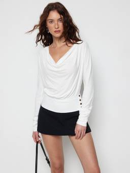 Cider - Ruched Button Women's Cowl Neck Long Sleeve Top White