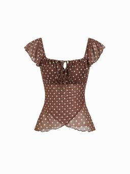 Cider - Polka Dot Women Square Neck Ruffled Sleeve Crop Top Brown