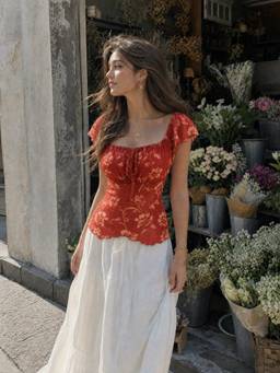 Cider - Chiffon Floral Women’s Square Neck Tie-Up Crop Top Red