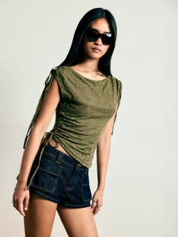 Cider - Jacquard Women Ruched Drawstring Asymmetrical Top Dark Green