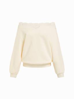 Cider - Terry Lace Trim Women's Oversized Off-Shoulder Sweatshirt Beige