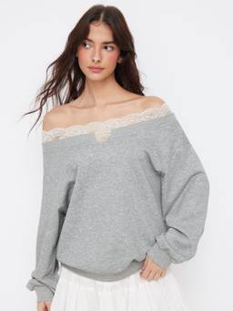 Cider - Terry Lace Trim Women's Oversized Off-Shoulder Sweatshirt Grey