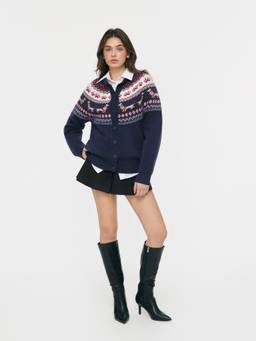 Cider - Knit Dachshund Women's Oversized Round Neck Cardigan Navy Blue