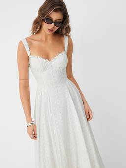 Cider - Cotton Blend Women’s Lace-Up U-Neck Flared Maxi Dress Ivory