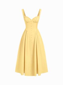 Cider - Cotton Blend Women’s U-Neck Ruffled Lace-Up Flared Maxi Dress Yellow
