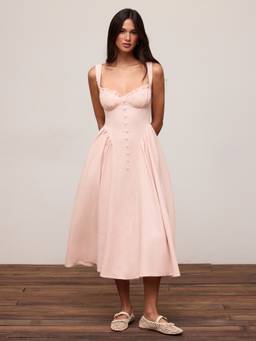 Cider - Cotton Blend Women Ruffled U-Neck Flared Maxi Dress Pink