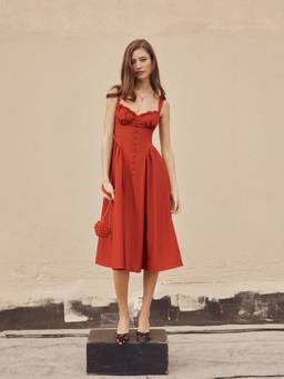 Cider - Sculptural Women’s Ruffled U-Neck Lace-Up Flared Maxi Dress Red
