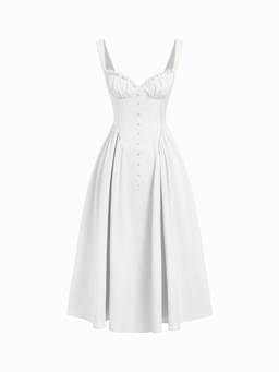 Cider - Cotton Blend Women U-Neck Ruffled Lace-Up Flared Maxi Dress White