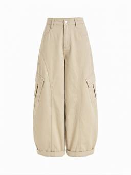 Cider - Cotton-Blend Women’s Mid-Rise Barrel-Leg Trousers Beige