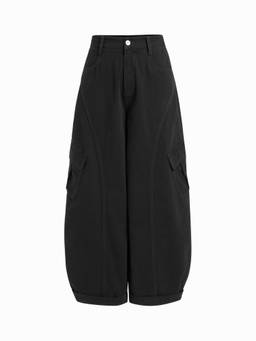 Cider - Cotton-Blend Women Mid-Waist Pocket Barrel-Leg Trousers Black