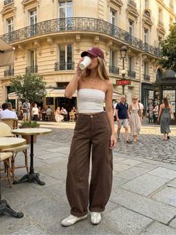 Cider - Cotton-Blend Women Mid-Rise Pocket Barrel-Leg Trousers Brown
