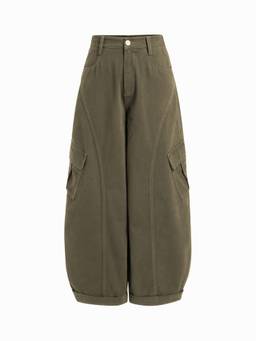 Cider - Cotton Blend Women Mid-Waist Pocket Barrel-Leg Trousers Olive