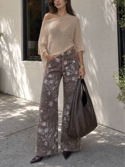 Cider - Cotton-Blend Women Low Waist Floral Wide-Leg Trousers Brown