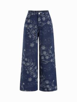Cider - Cotton-Blend Women Low-Rise Floral Wide-Leg Trousers Indigo