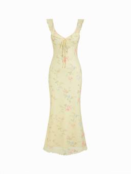 Cider - Mesh Floral Graphic Women's V-Neck Knotted Mermaid Maxi Dress Yellow