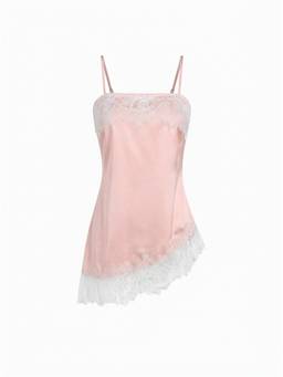 Cider - Two Tone Women Lace Panel Asymmetrical Cami Top Pink