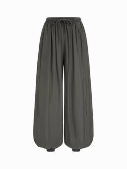 Cider - Ruched Women's Mid-Waist Drawstring Palazzo Pants Grey